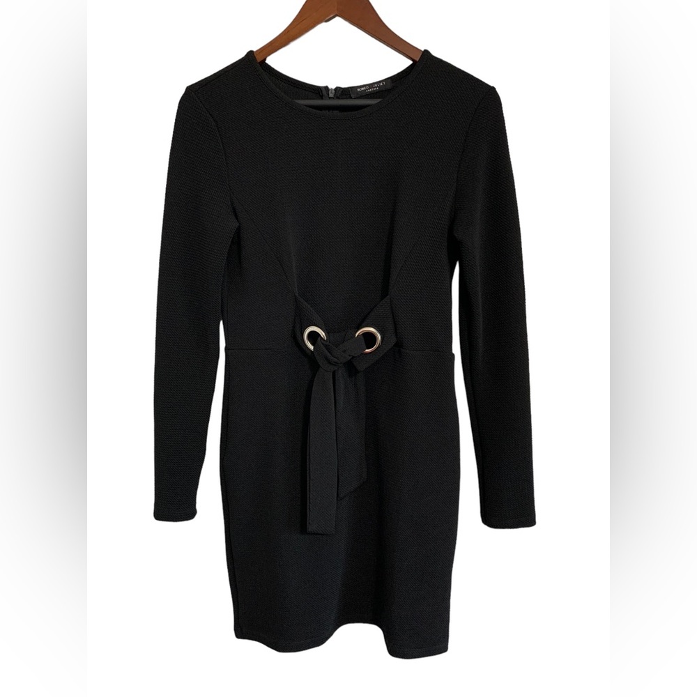 Romeo + Juliet Couture Black Textured Shift Dress Tie Belt Long Sleeve Medium - Picture 2 of 11